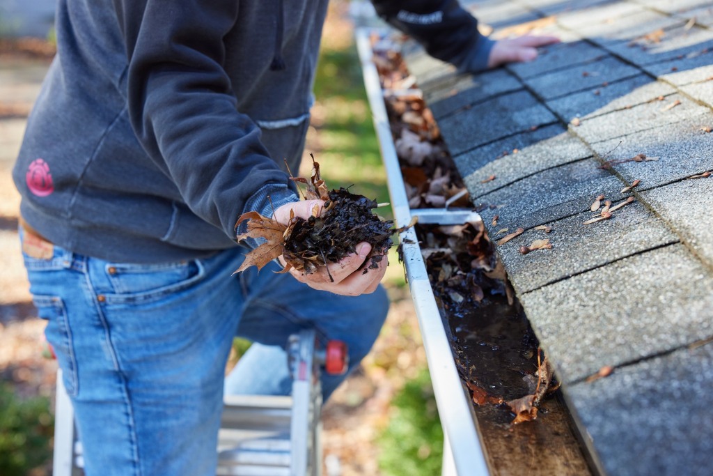 Man cleaning out leaves and debris from gutter