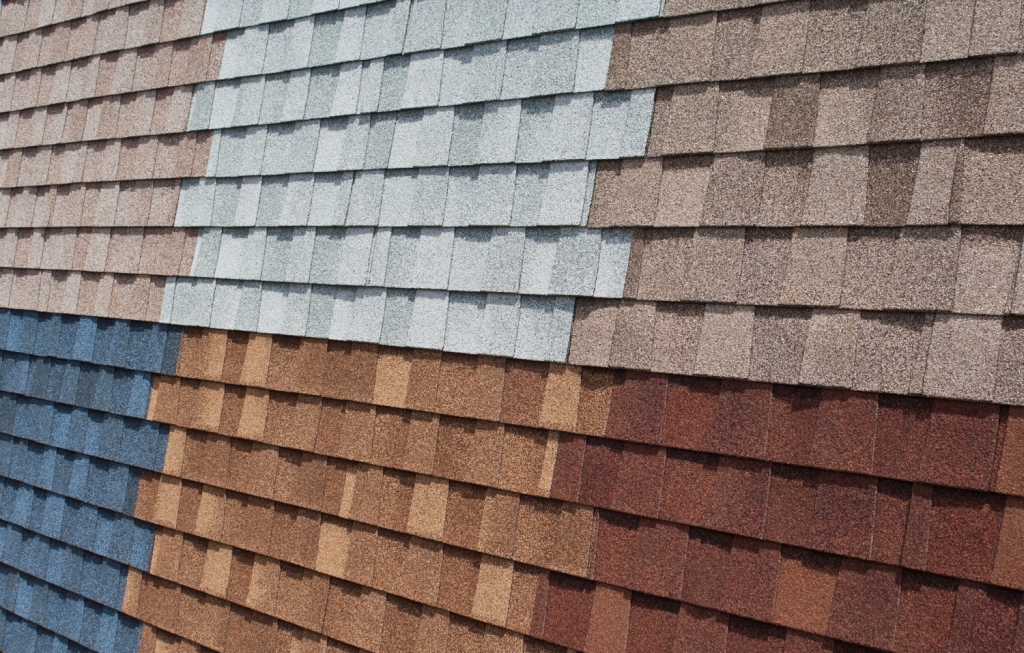 Colorful asphalt shingles in rows