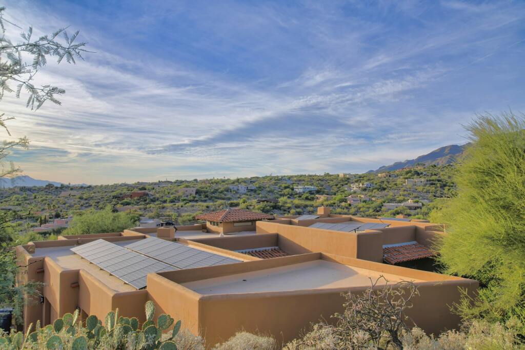 Desert landscape with modern architecture.