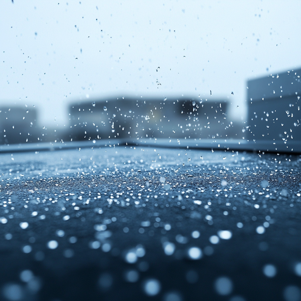 Raindrops splashing on a rooftop.