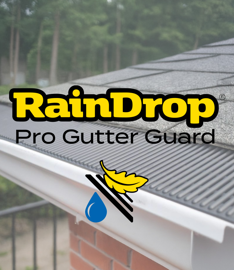 RainDrop Pro Gutter Guard installed with logo overlay