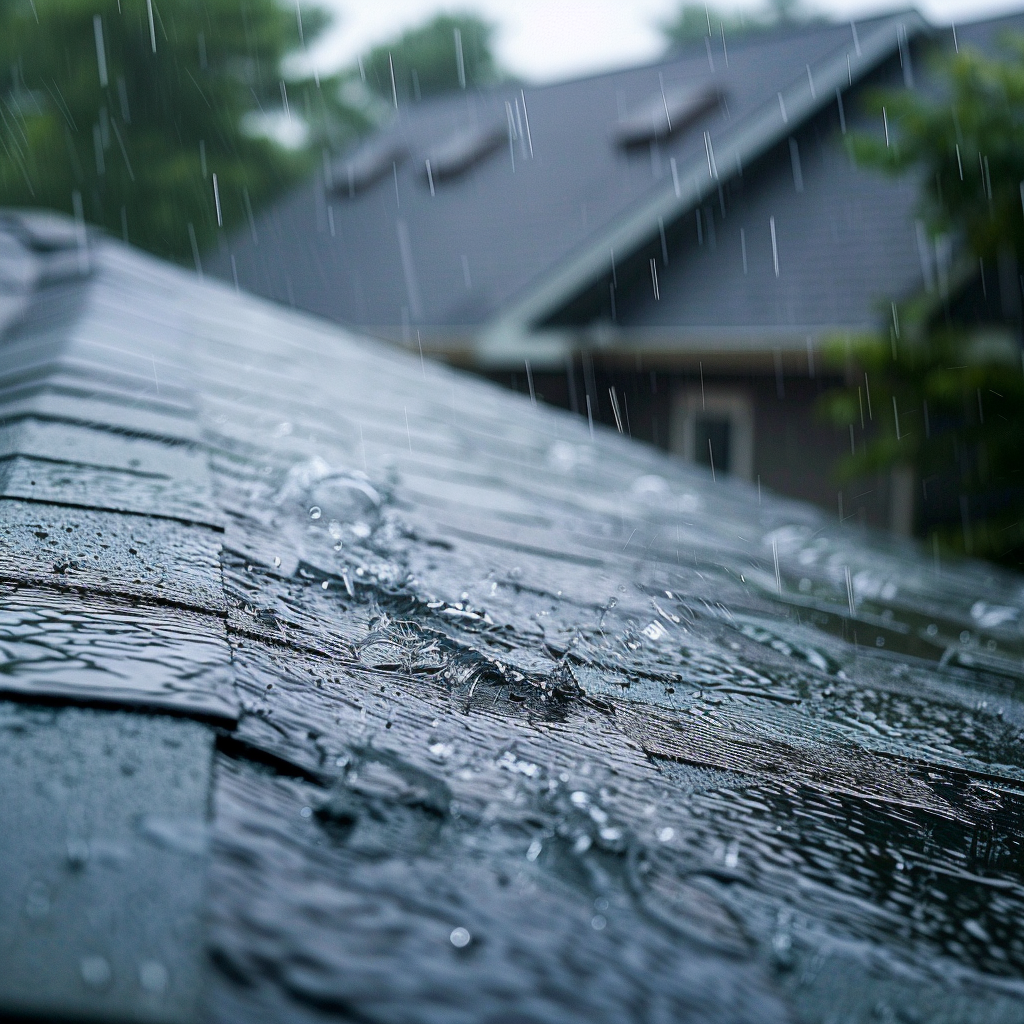 Rainwater pooling on a rooftop.
