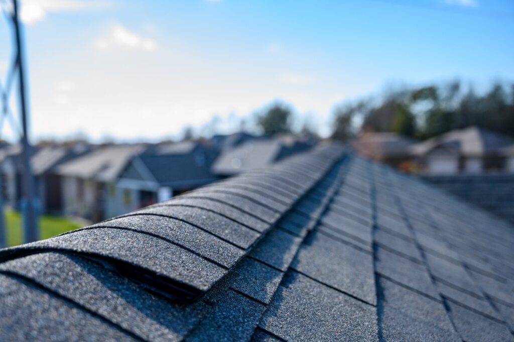 Close up of an asphalt roof ridge