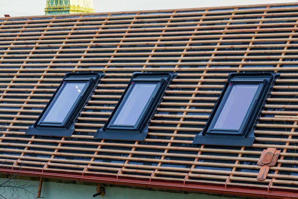 Three skylights on wooden roof